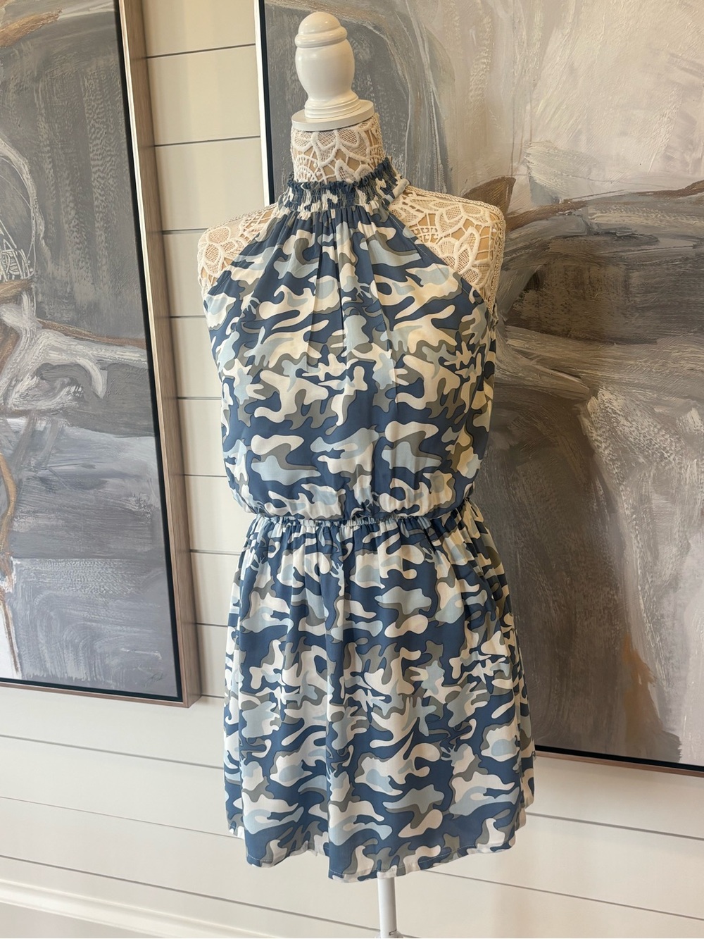 Skemo Blue & White Camouflage Halter Mini Dress